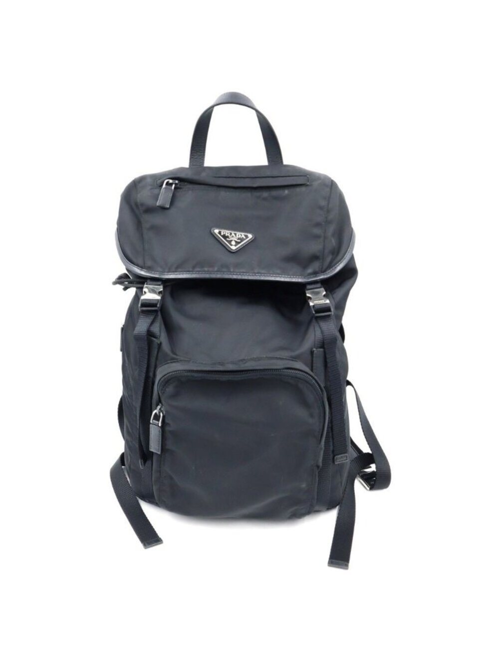 Prada Re-Nylon Logo Triangular Plate Backpack Black Nylon Leather Silver